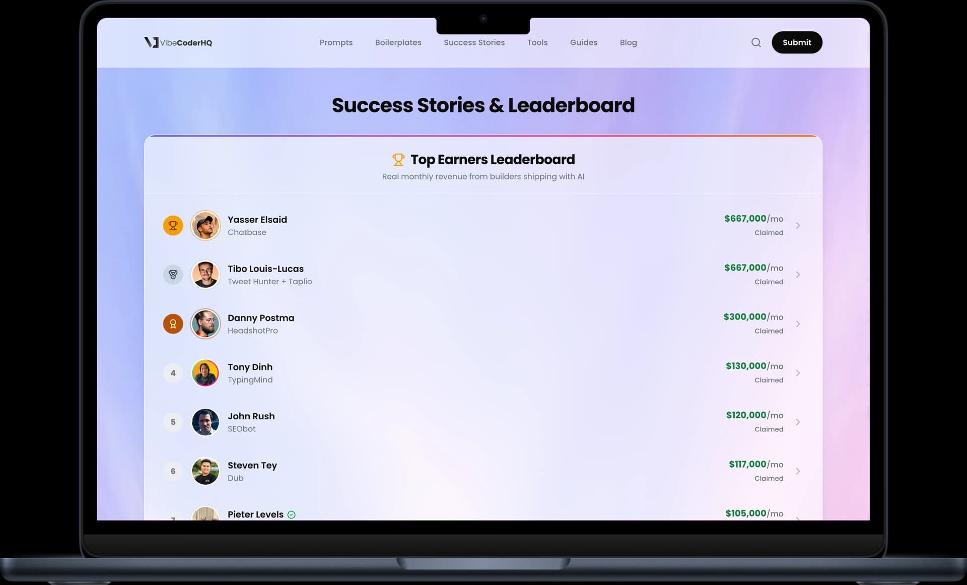The success stories section with builder earnings