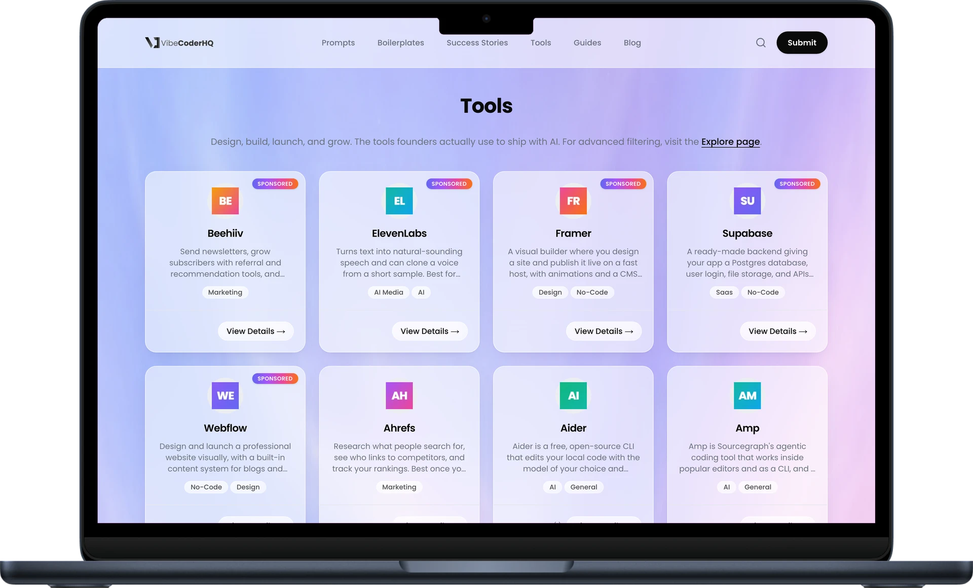 The Vibe Coder HQ tools directory with ratings and categories